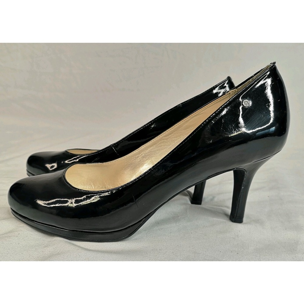 Etienne Aigner E-Drew Black Pumps Patent Faux Leather Round Toe Heels Size 8 W